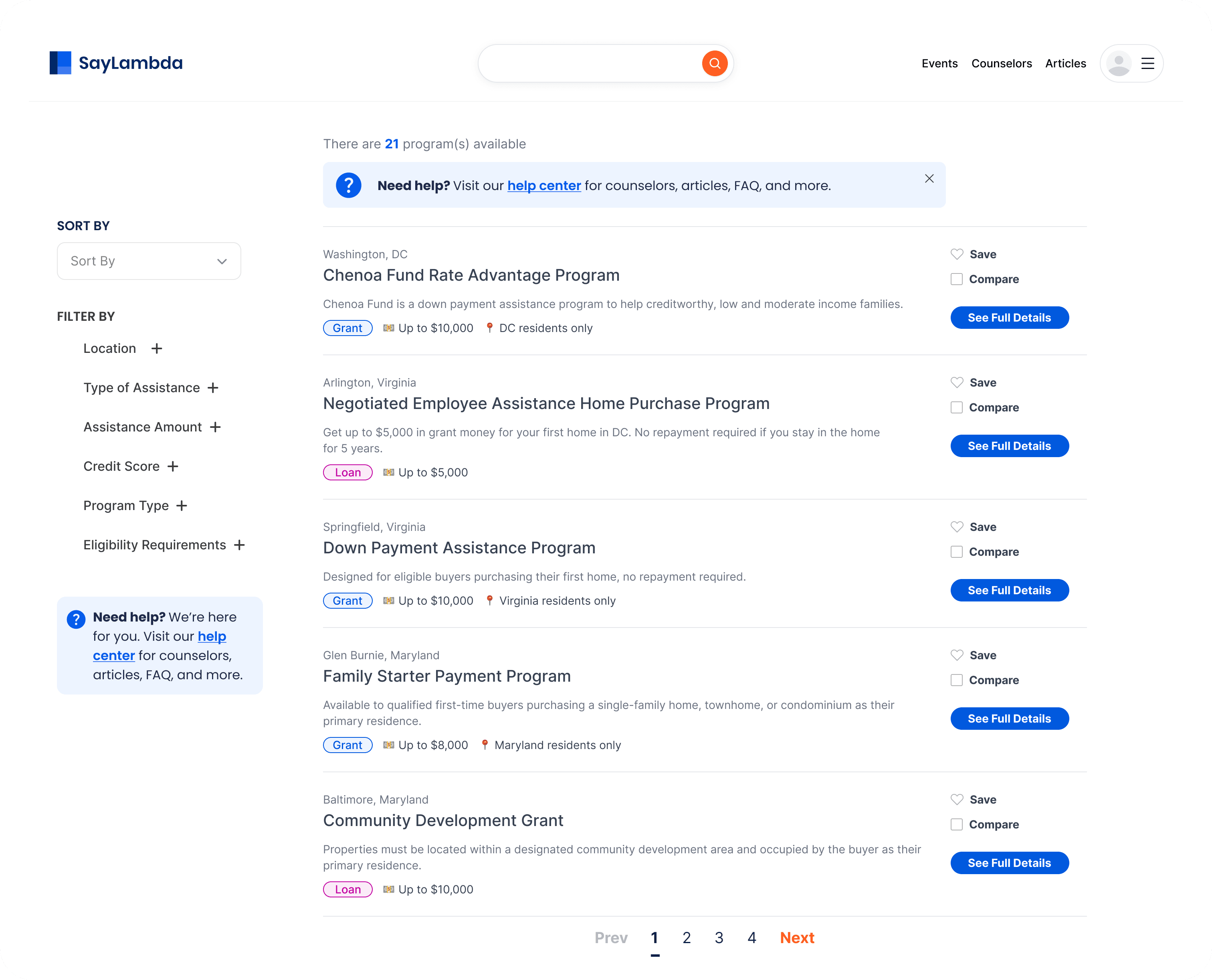 SayLambda search results page showing homeownership assistance programs and filtering controls.